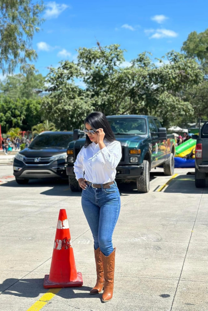 Crisp White Shirt With Blue Jeans and Cognac Boots