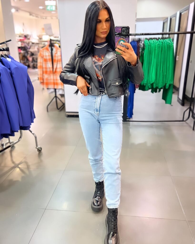Cropped Leather Jacket With Light-Wash Straight Jeans