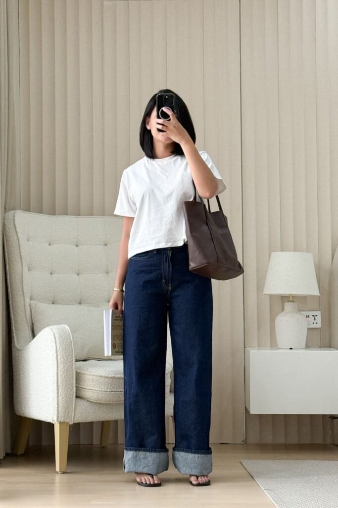 Cropped White Tee With Dark Cuffed Denim