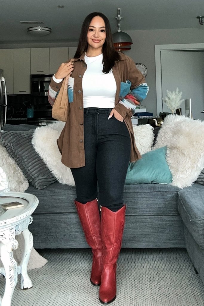 Dark Skinny Jeans With Red Boots and a Suede Shacket