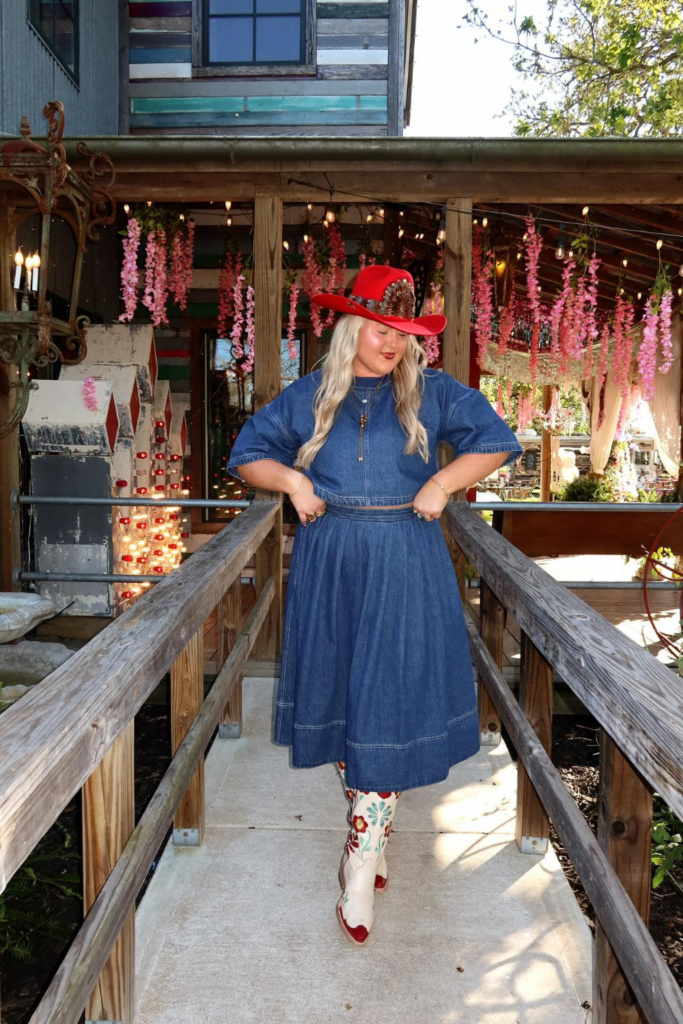 Denim Two-Piece With Embroidered White Boots