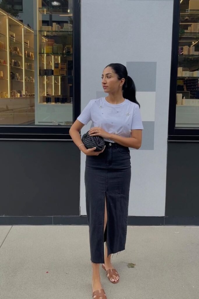 Embellished White Tee With a Black Denim Midi Skirt