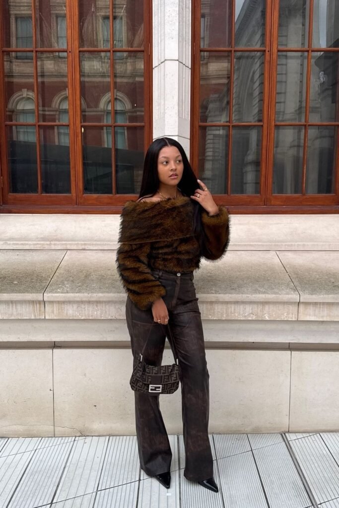 Faux Fur Off Shoulder Top With Distressed Brown Denim