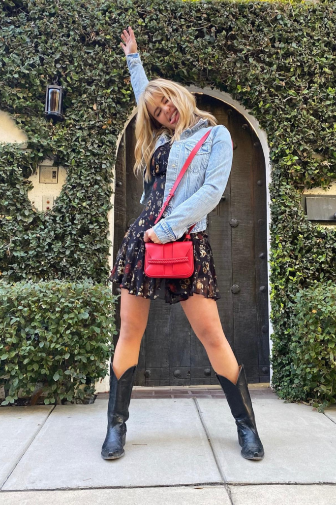 Floral Mini Dress With a Denim Jacket and Black Boots