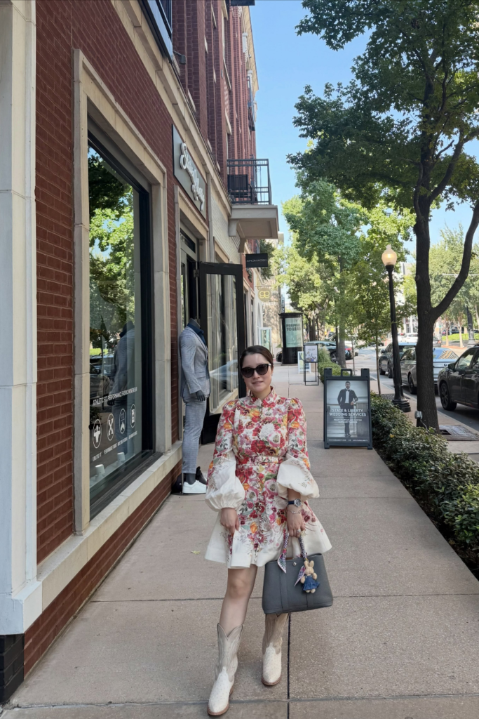 Floral Puff-Sleeve Dress With Cream Ostrich Boots
