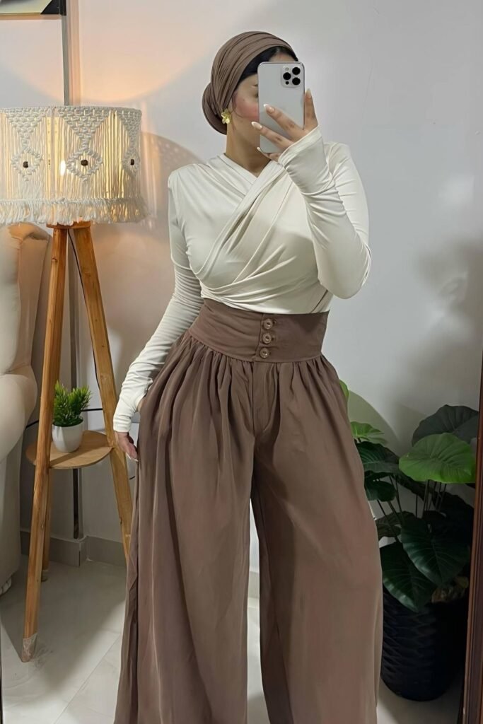 Gathered Mocha Palazzos With a High Buttoned Waist