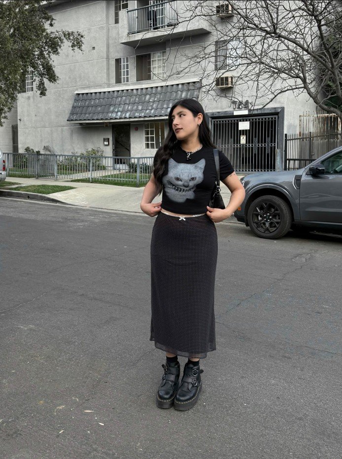 Graphic Baby Tee With a Dark Midi Skirt