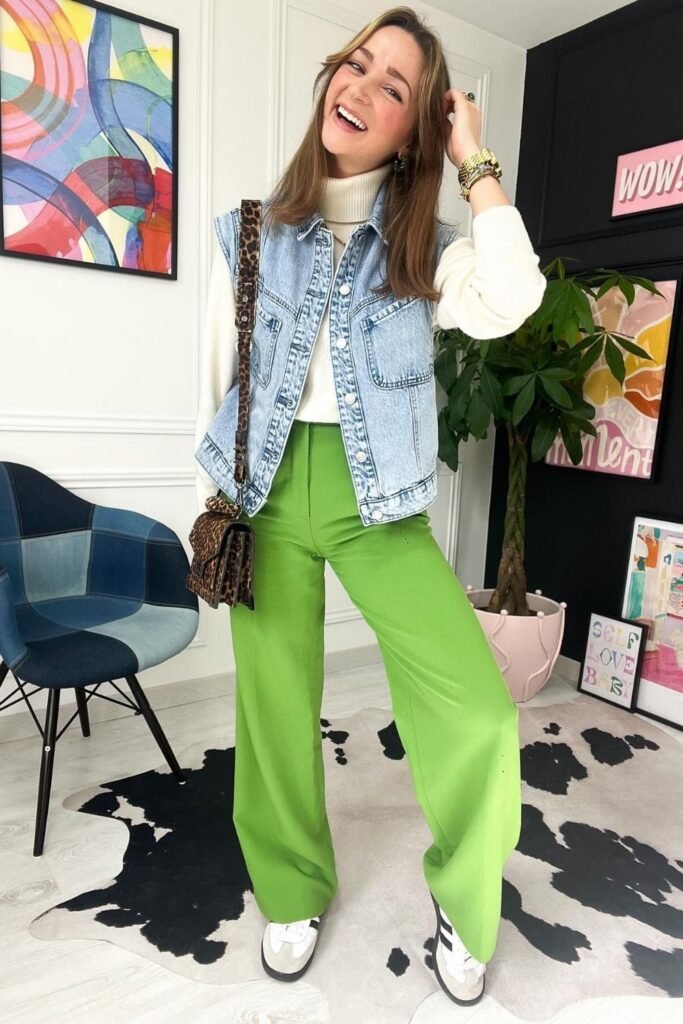 Green Wide Leg Trousers Under a Denim Vest