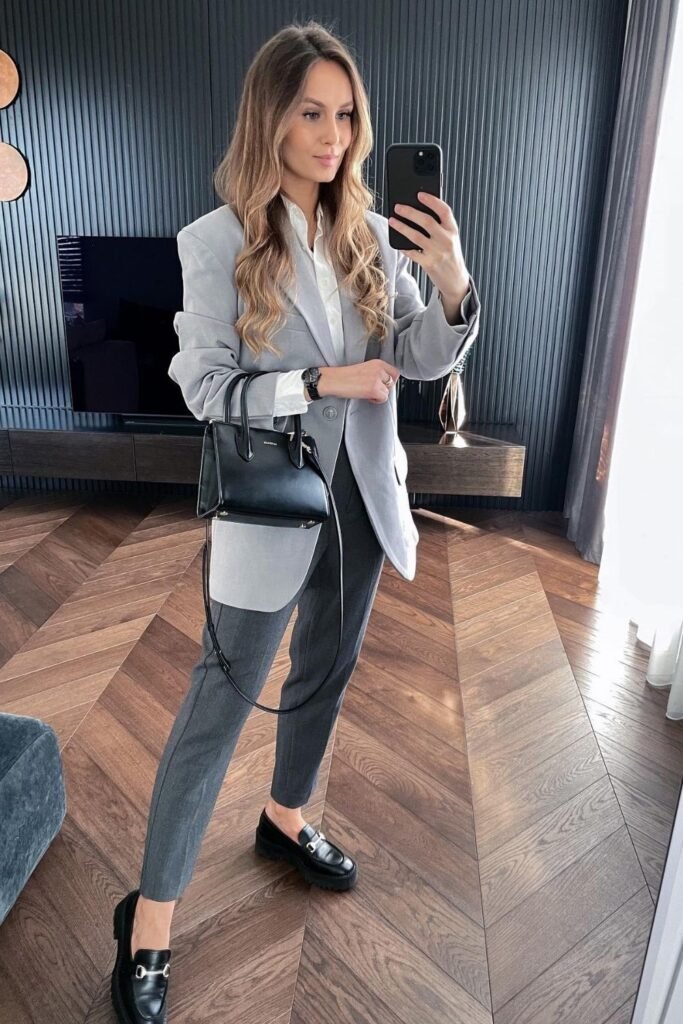 Grey Blazer Over Charcoal Trousers and Loafers