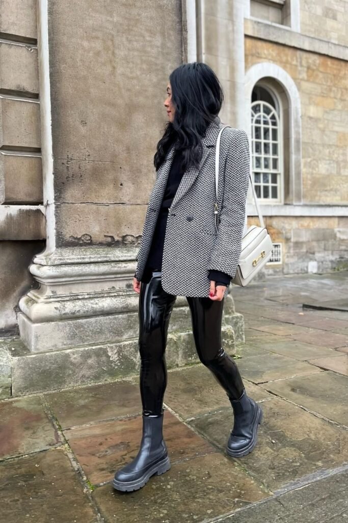 Herringbone Blazer With Glossy Leggings and Chunky Boots