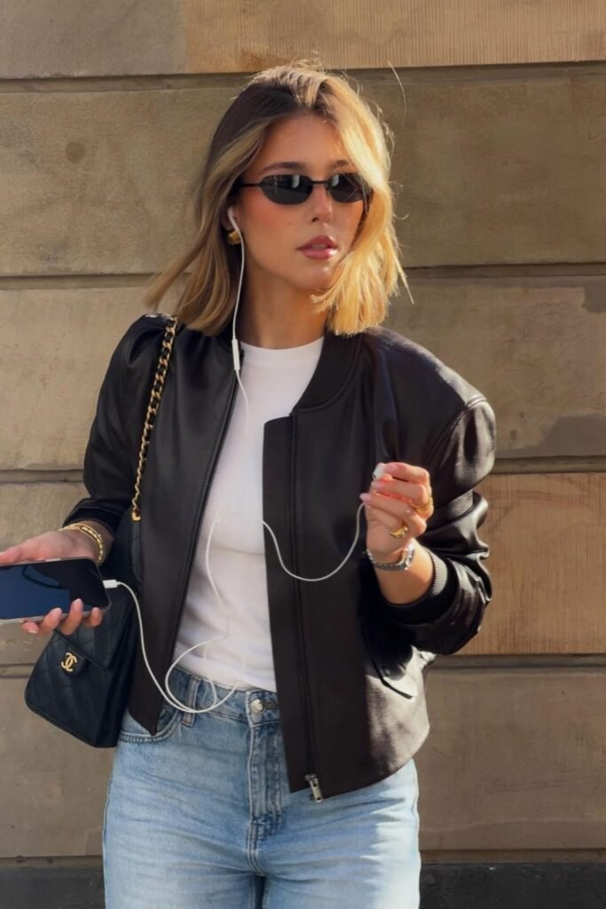 Leather Bomber, White Tee and Light Jeans