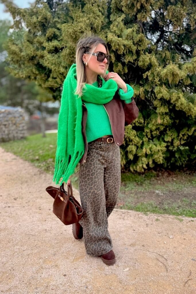 Leopard Print Brown Trousers Under a Green Knit