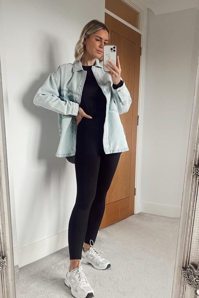 Light-Wash Denim Jacket With Black Leggings