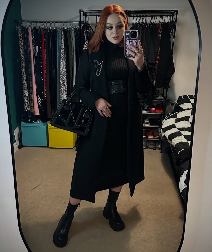 Long Black Coat Over a Fitted Knit Midi