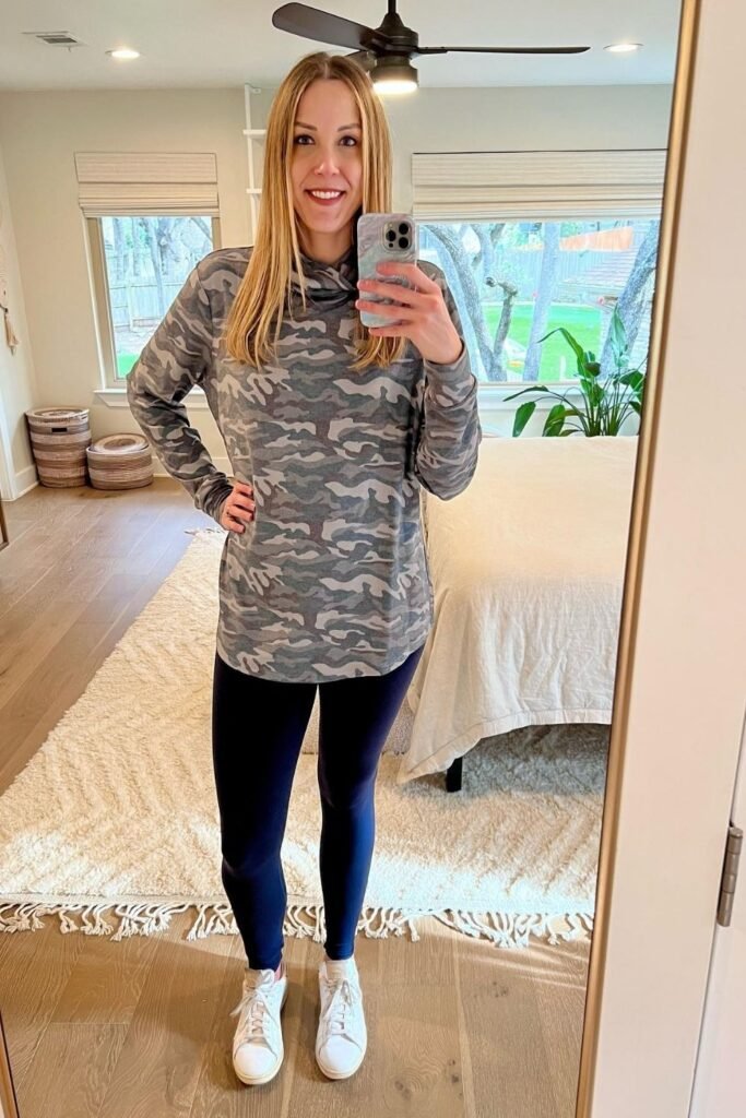 Long Camo Tunic With Dark Leggings and White Sneakers
