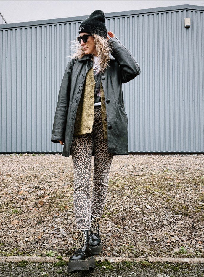 Long Leather Coat With Leopard Trousers