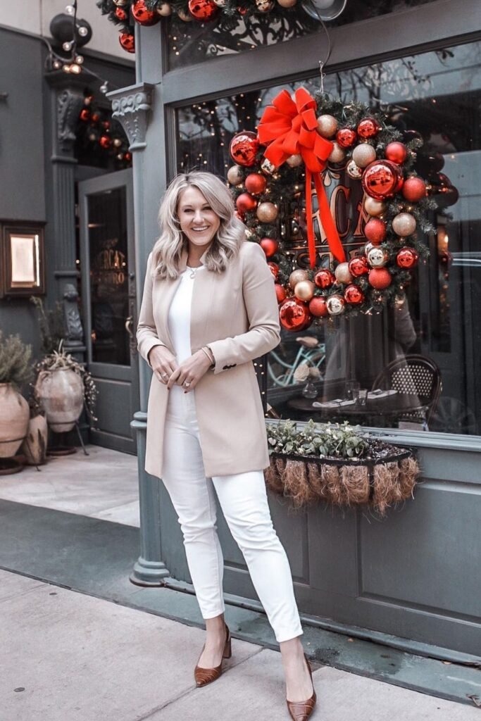 Longline Camel Blazer Over White Jeans
