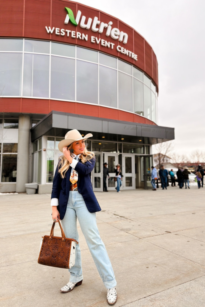 Navy Blazer Over Light Denim With Speckled Boots