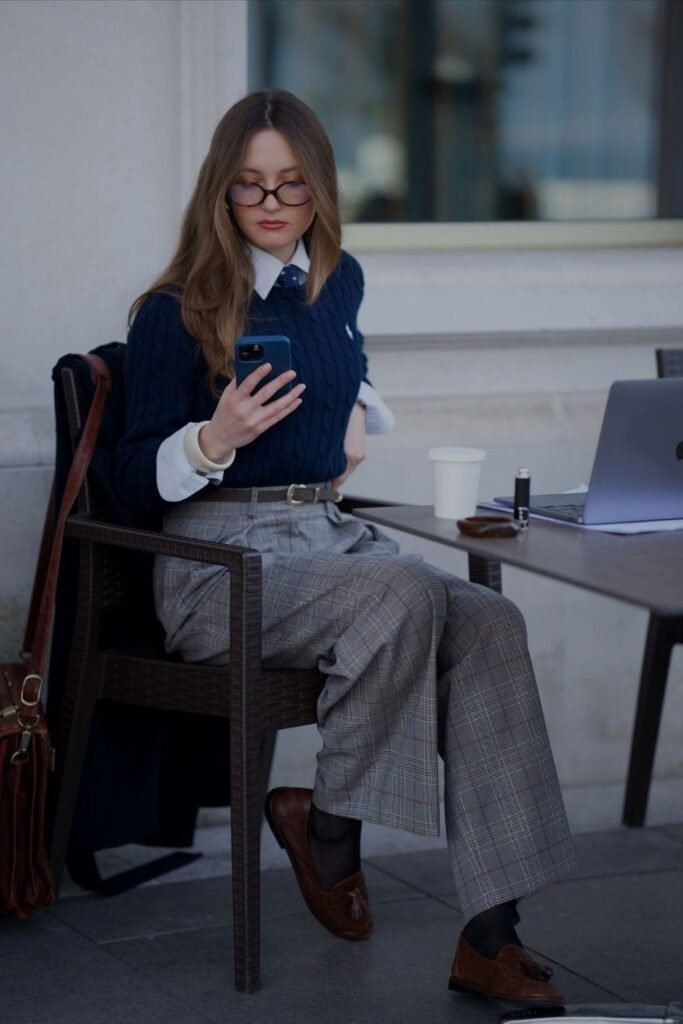 Navy Cable Knit, Plaid Trousers and Tassel Loafers