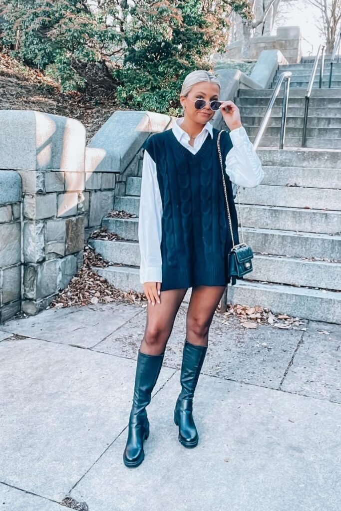Navy Cable Vest Over a White Shirt