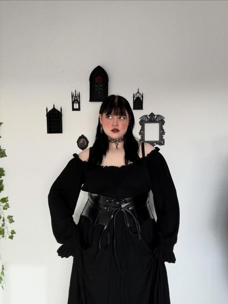 Off-Shoulder Black Dress With a Corset Belt