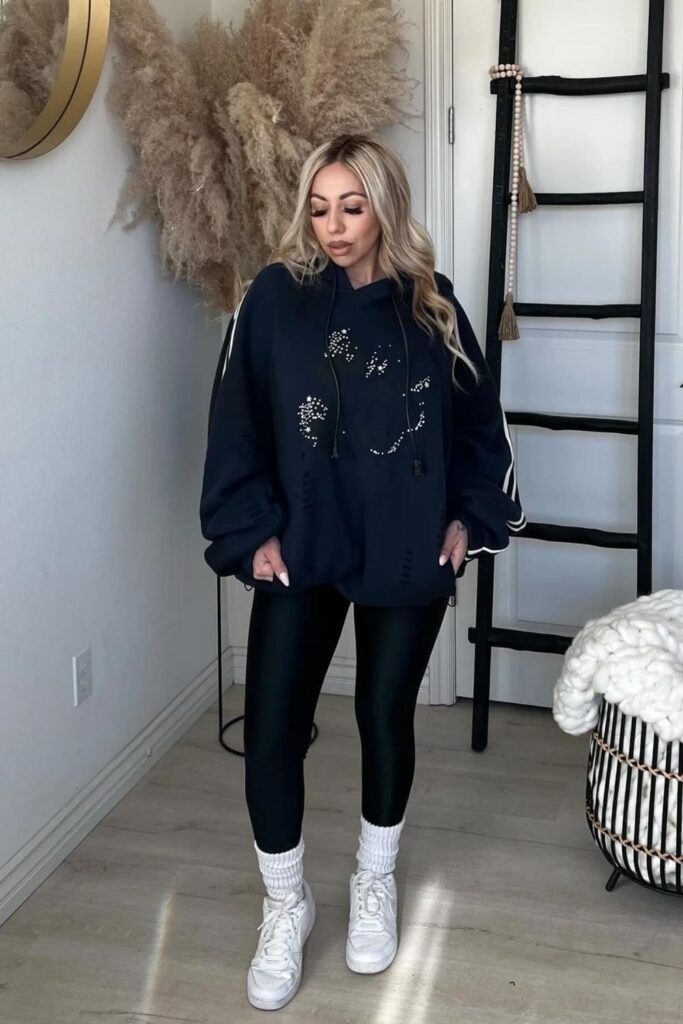 Oversized Black Hoodie With Coated Leggings