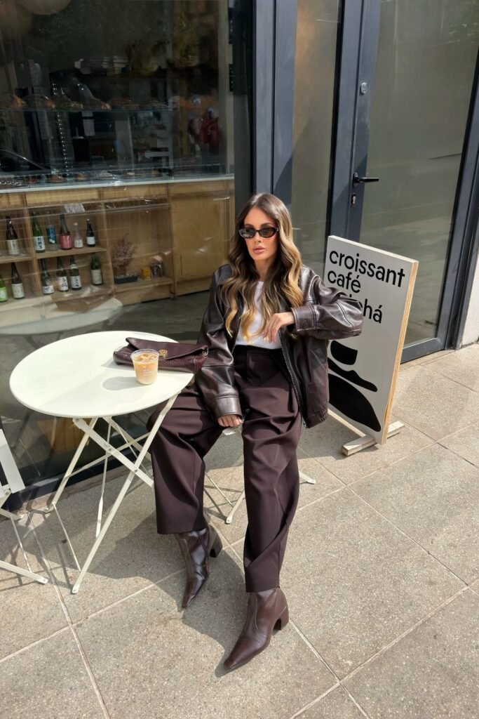 Oversized Leather Bomber Over Coffee Trousers