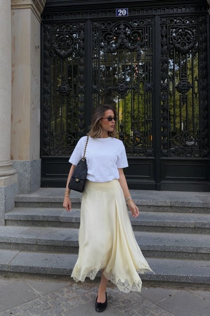 Oversized White Tee and a Pale Yellow Lace-Hem Skirt