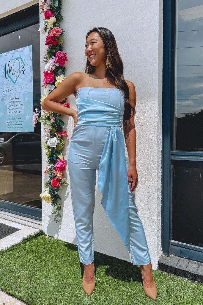Powder Blue Satin Two Piece With Nude Heels