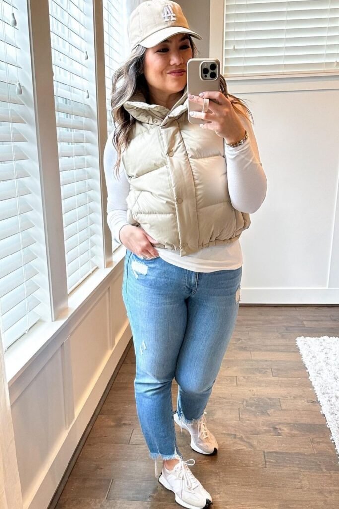 Puffer Vest, Long Sleeve Tee and Beige Runners for Casual Friday