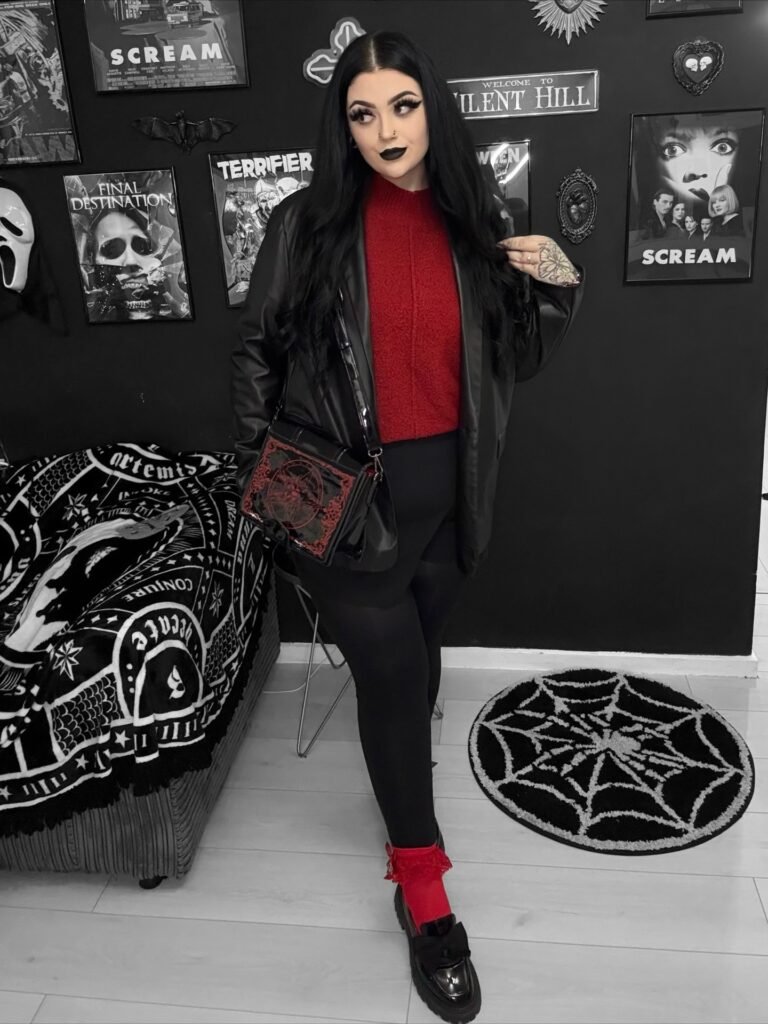 Red Knit Under a Black Leather Blazer