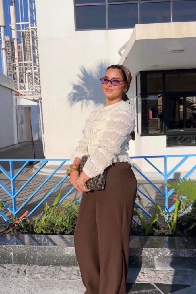 Ruffled Cream Blouse With Wide Brown Trousers
