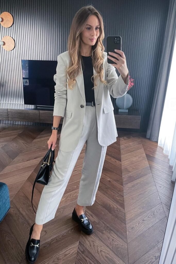 Sage Grey Suit With a Black Tee and Belt