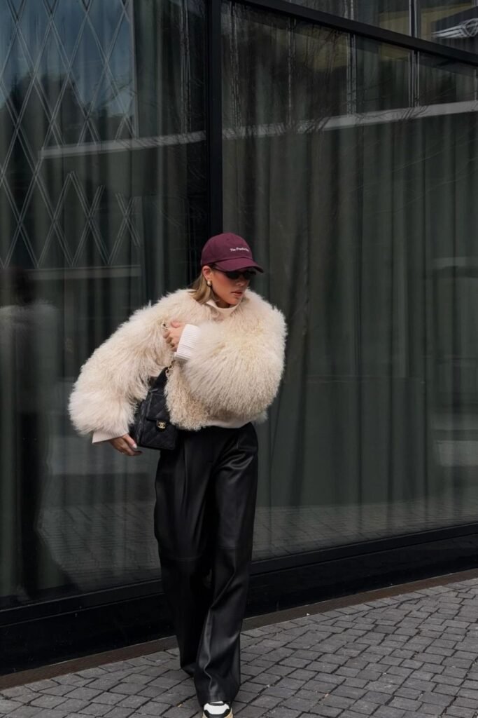 Shearling Jacket and Black Leather Trousers