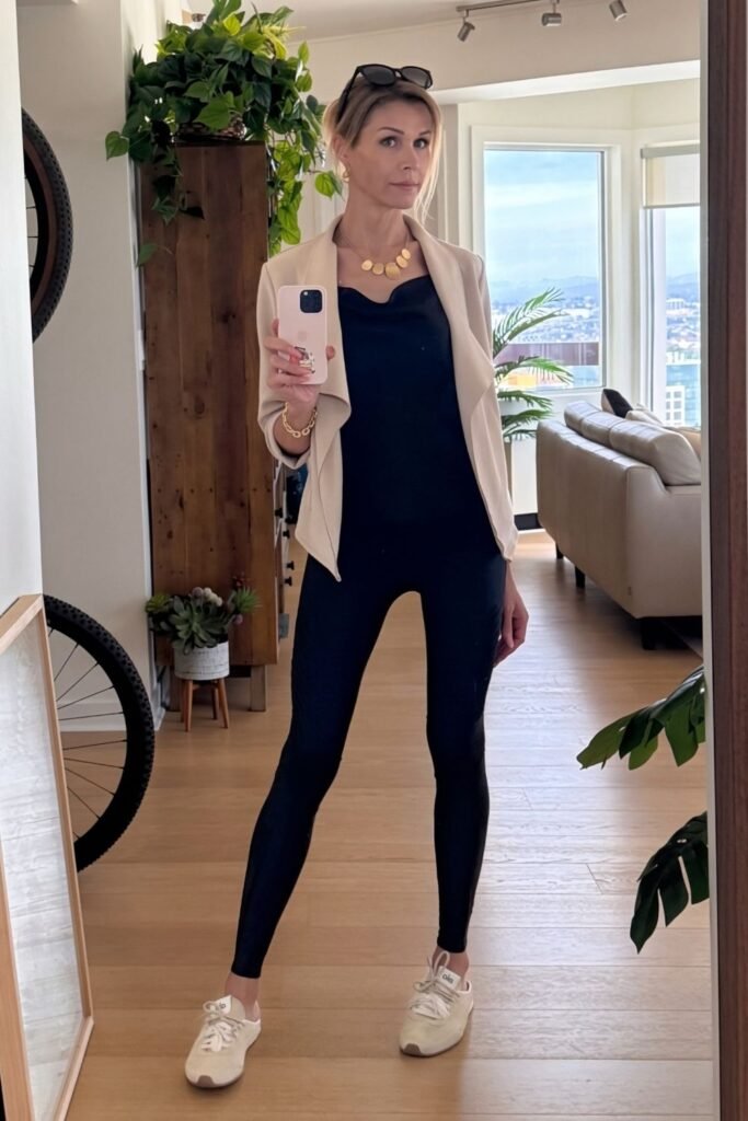 Soft Beige Blazer Over a Black Leggings Set