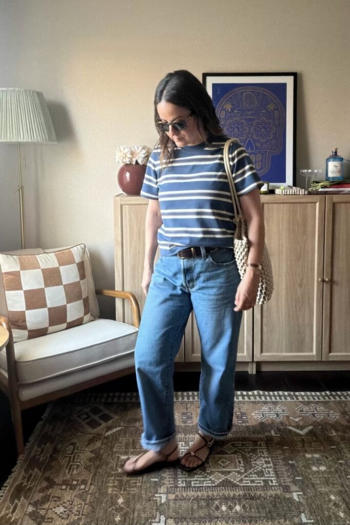 Striped Tee With Straight Jeans and a Belt
