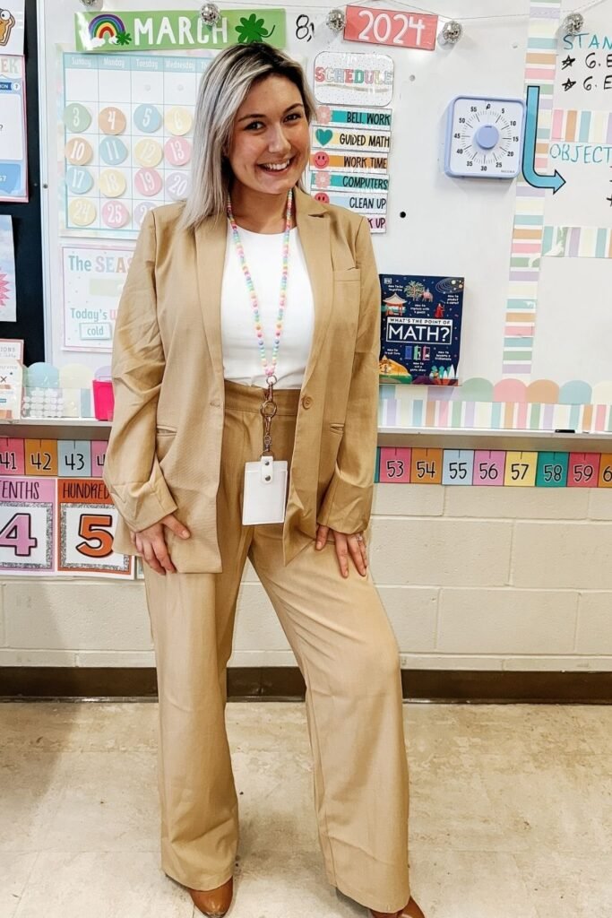 Tan Oversized Suit With a White Tee