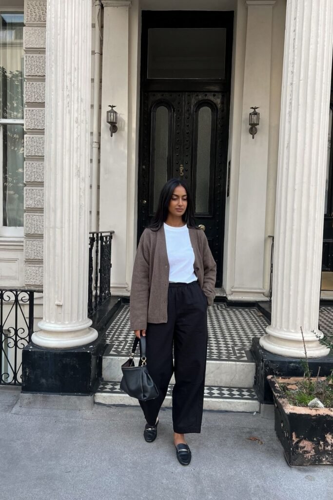 White Tee, Brown Cardigan, Black Barrel Trousers