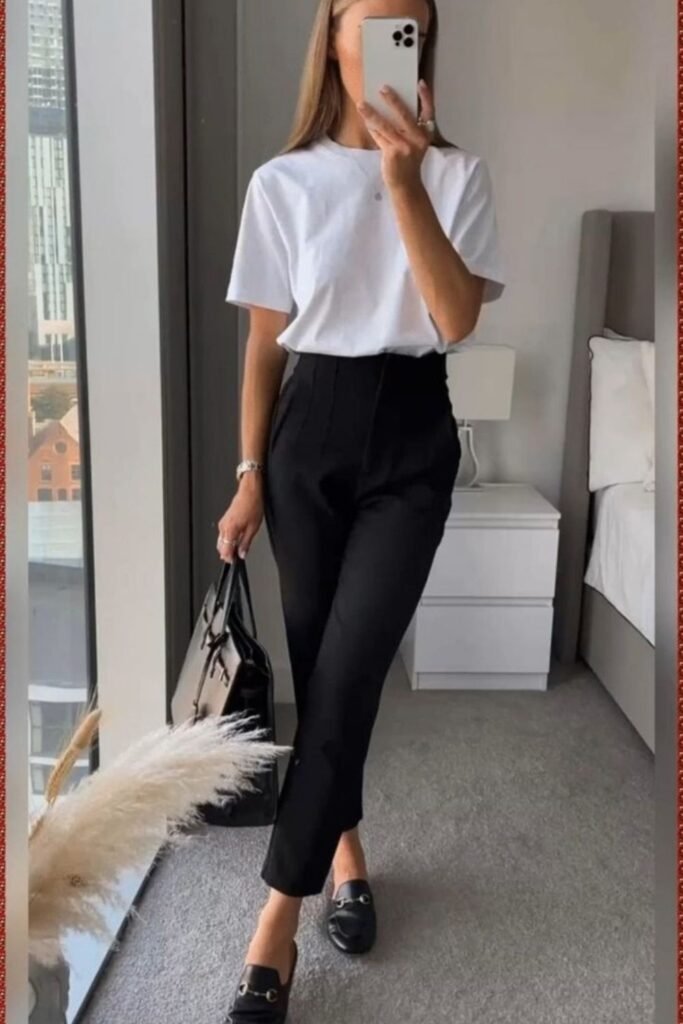 White Tee With Cigarette Trousers and Black Loafers