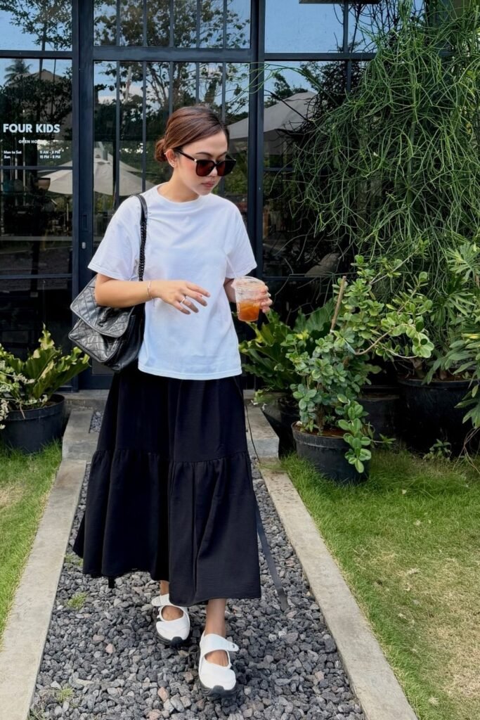 White Tee With a Tiered Black Maxi Skirt