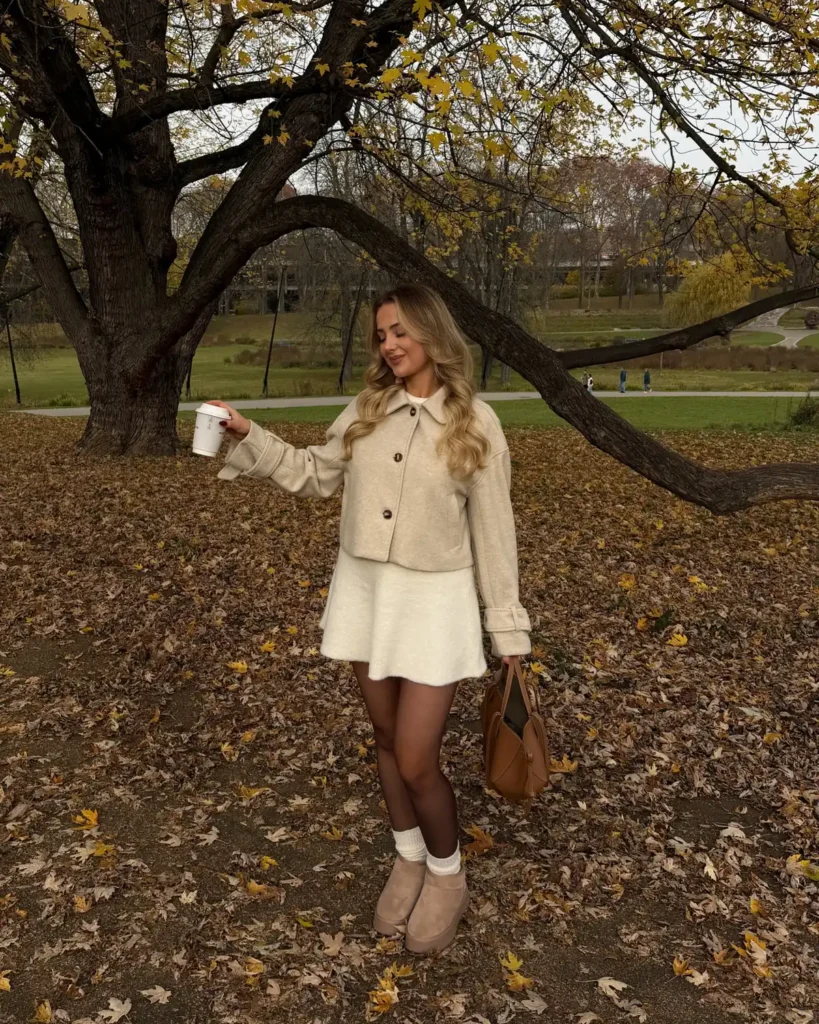 All-Cream Jacket and Flared Skirt With Platform Boots