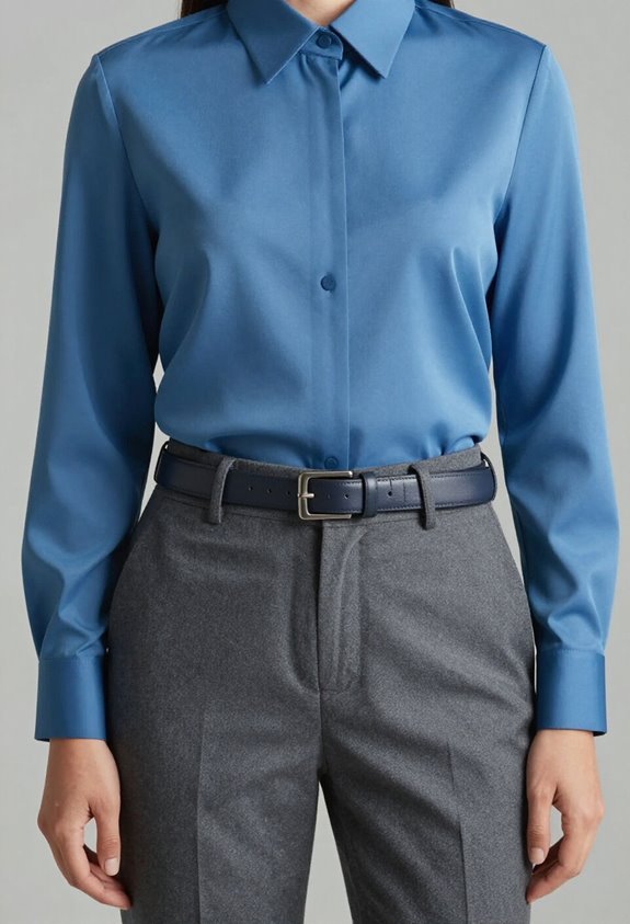 azure blouse gray trousers