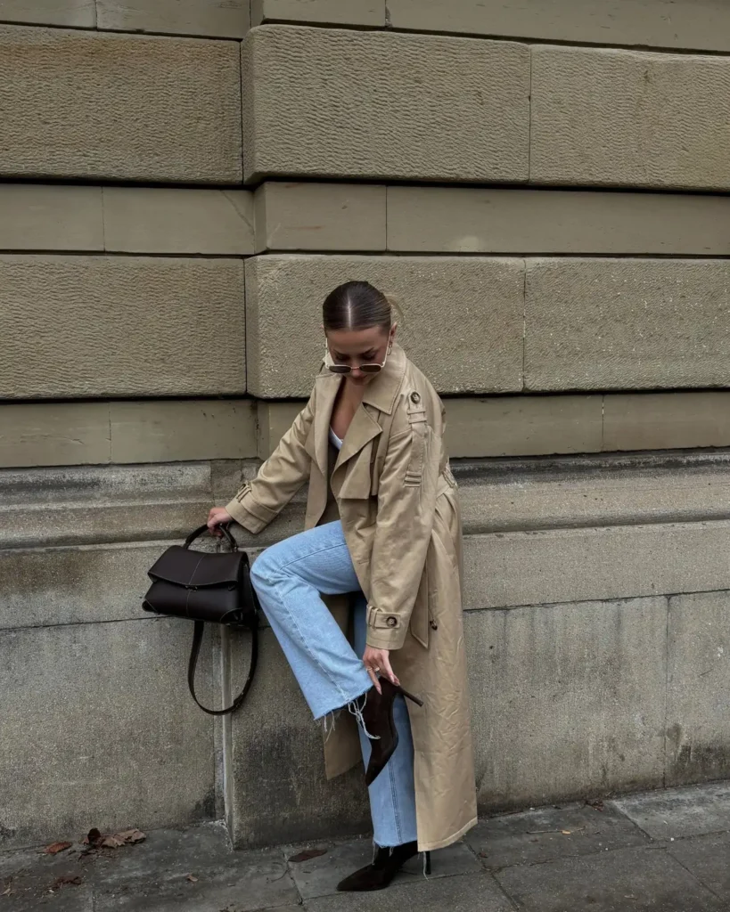 Beige Trench Over Light Jeans and Suede Ankle Boots