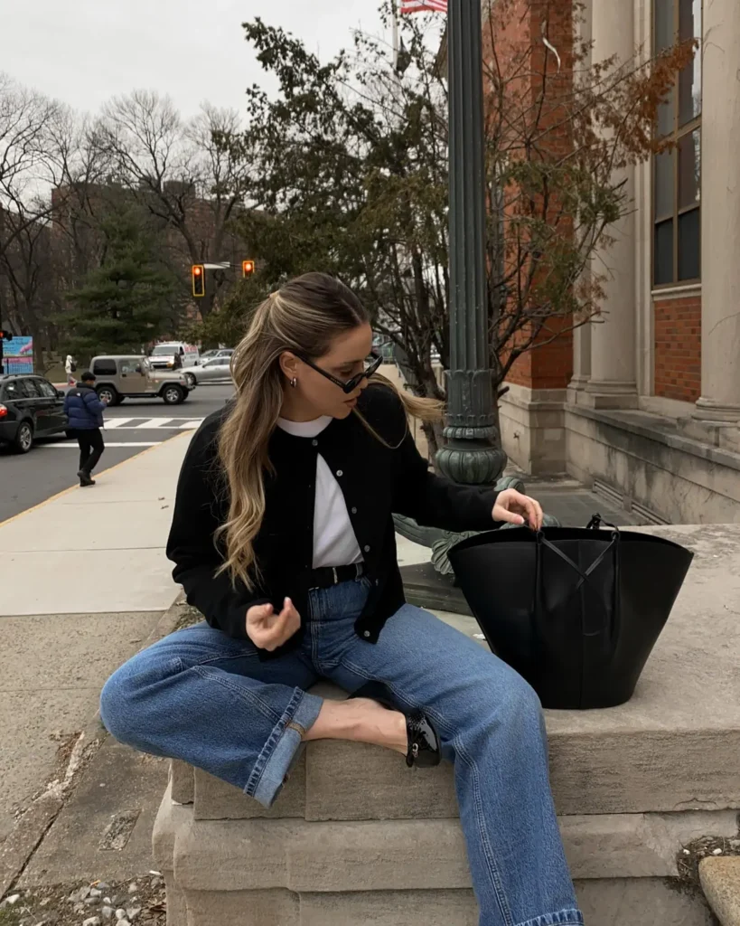 Black Cardigan, Cuffed Jeans, and Bow Flats
