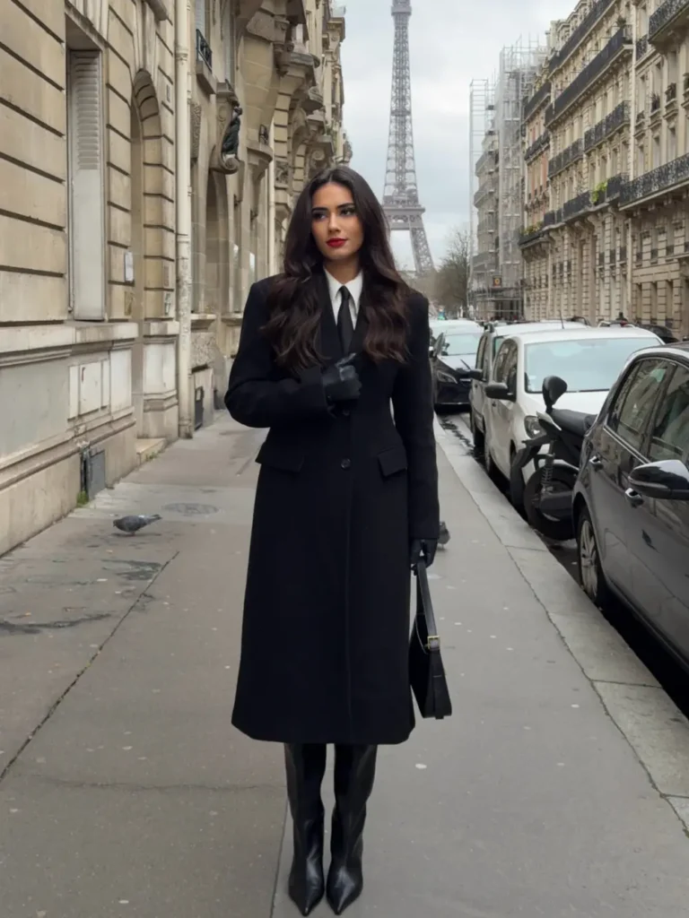 A Black Coat, Black Tie, and Leather Gloves