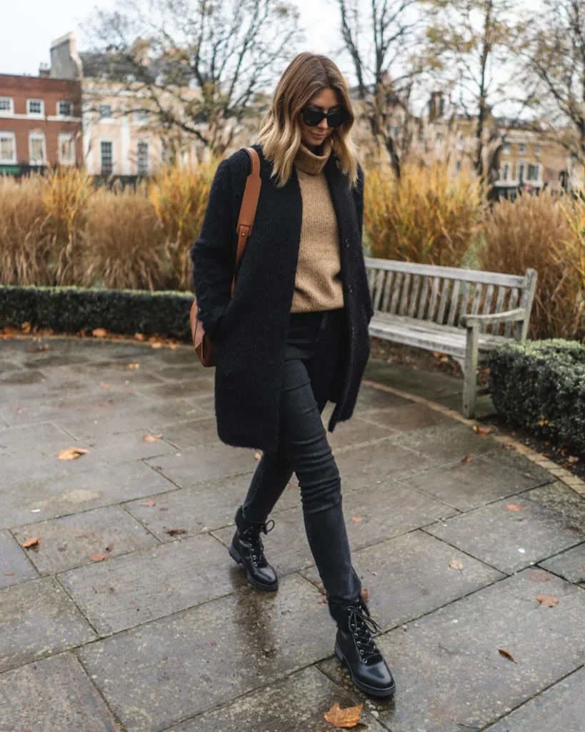 Black Coat, Camel Knit, and Tan Leather