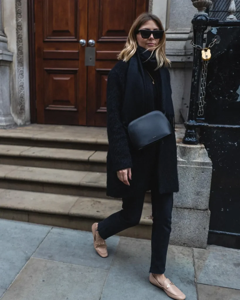 Black Coat Weather With Nude Loafers