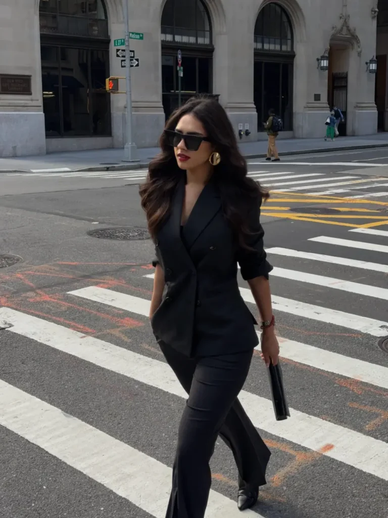 Black Double-Breasted Blazer and Flared Trousers