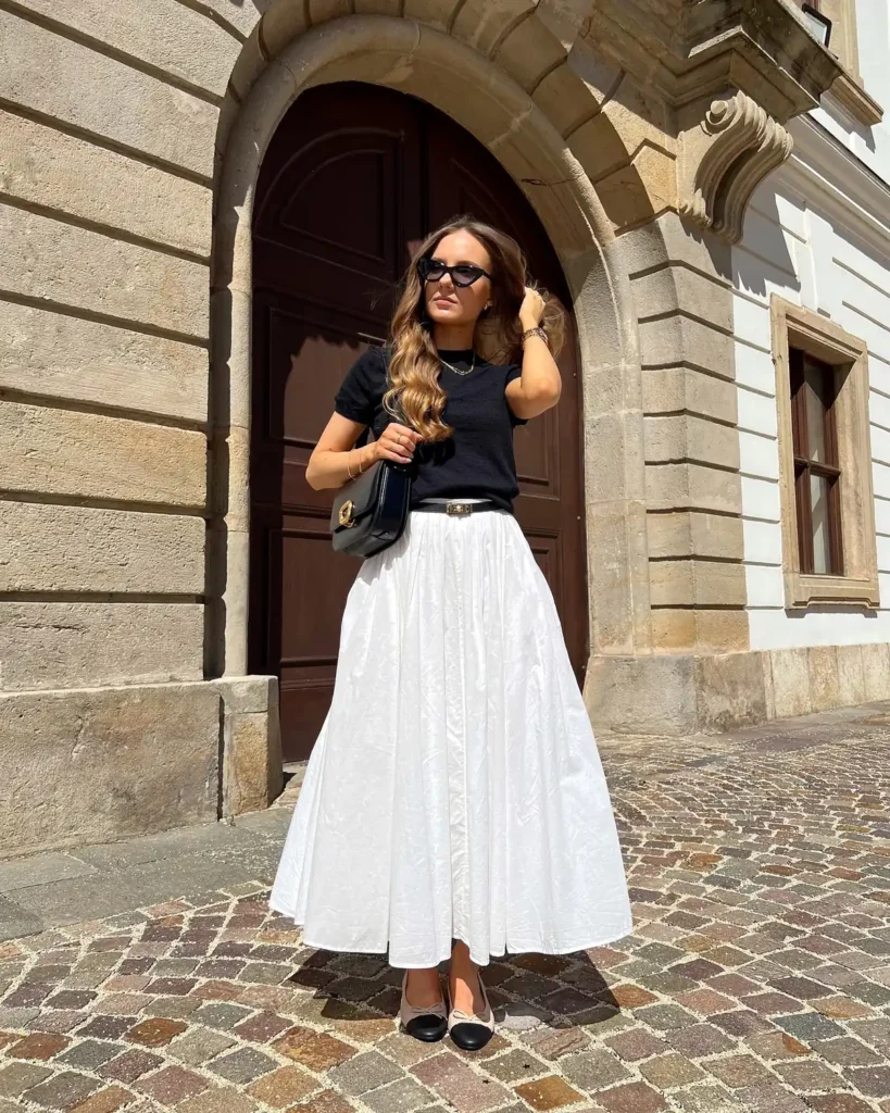 Black Knit, White Poplin Skirt, and Ballet Flats