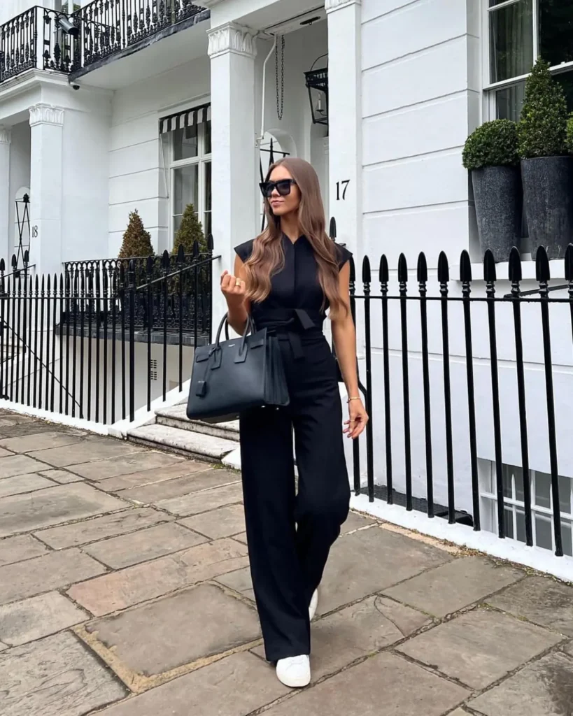 Black Tie-Waist Jumpsuit With White Sneakers